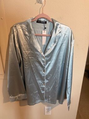KHEPRIS Light Blue Satin Pajama Top Button Front Size L Silky Lounge Shirt
